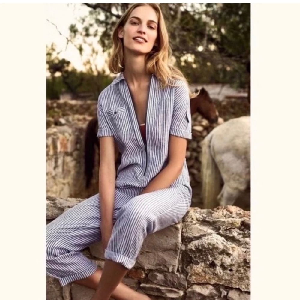 ANTHRO CARTONNIER Blue Striped Linen Jumpsuit